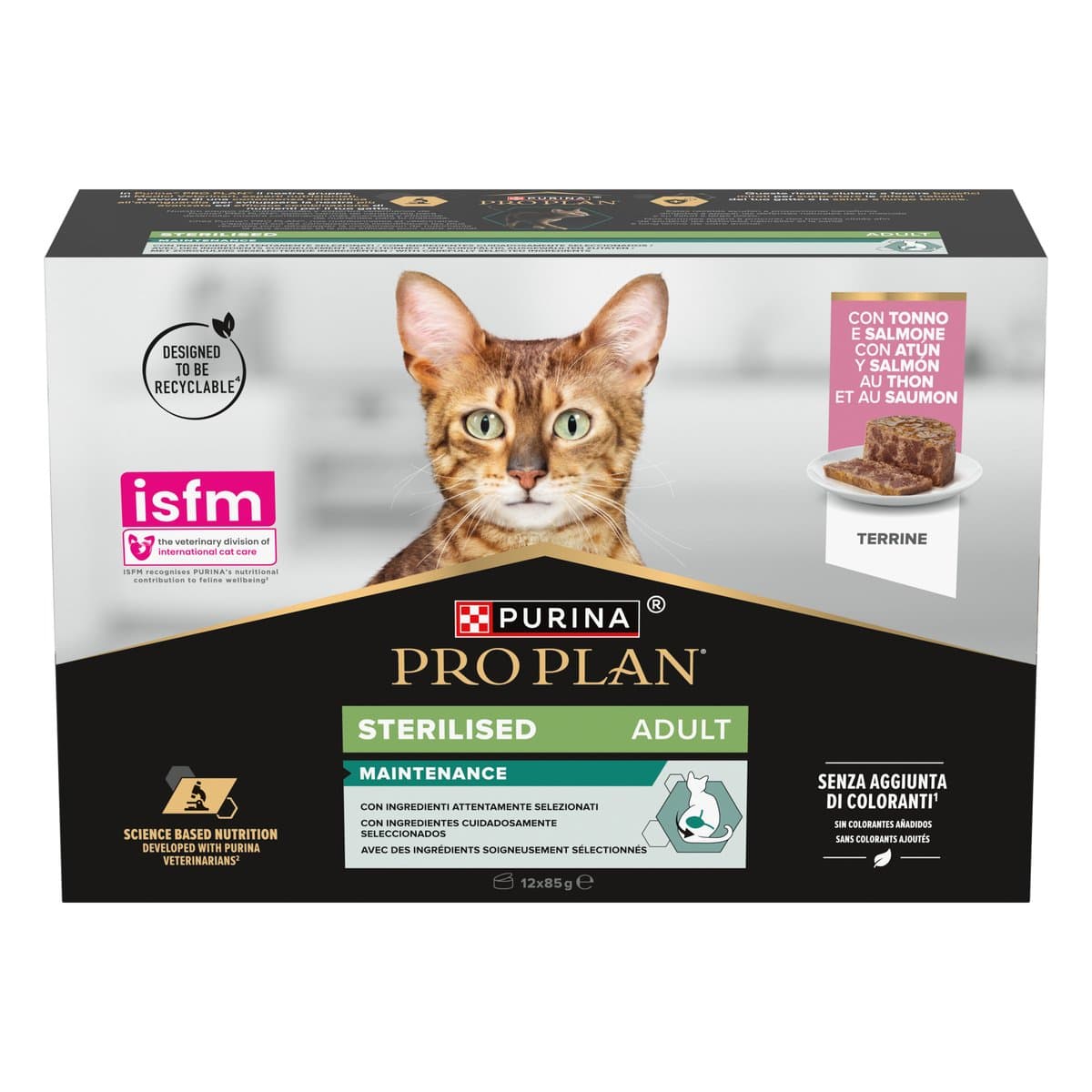 PURINA® PRO PLAN® STERILISED MAINTENANCE, Terrine, con tonno e salmone (12x85 g)