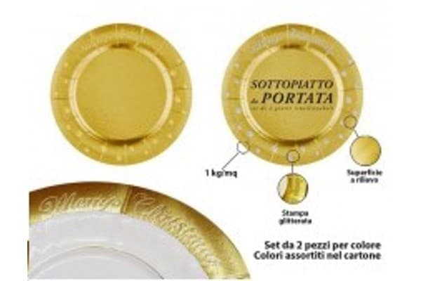 Sottopiatto in cartoncino “Merry Christmas” oro tondo ø32 cm in confezione da 2 pz