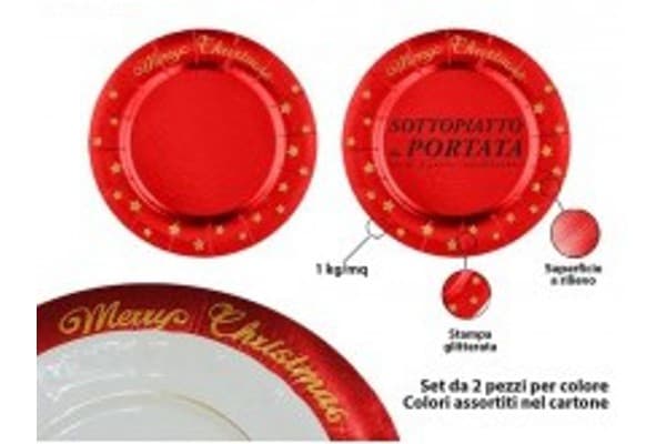 Sottopiatto in cartoncino “Merry Christmas” rosso tondo ø32 cm in confezione da 2 pz