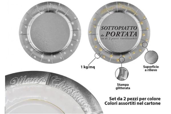 Sottopiatto in cartoncino “Merry Christmas” argento tondo ø32 cm in confezione da 2 pz