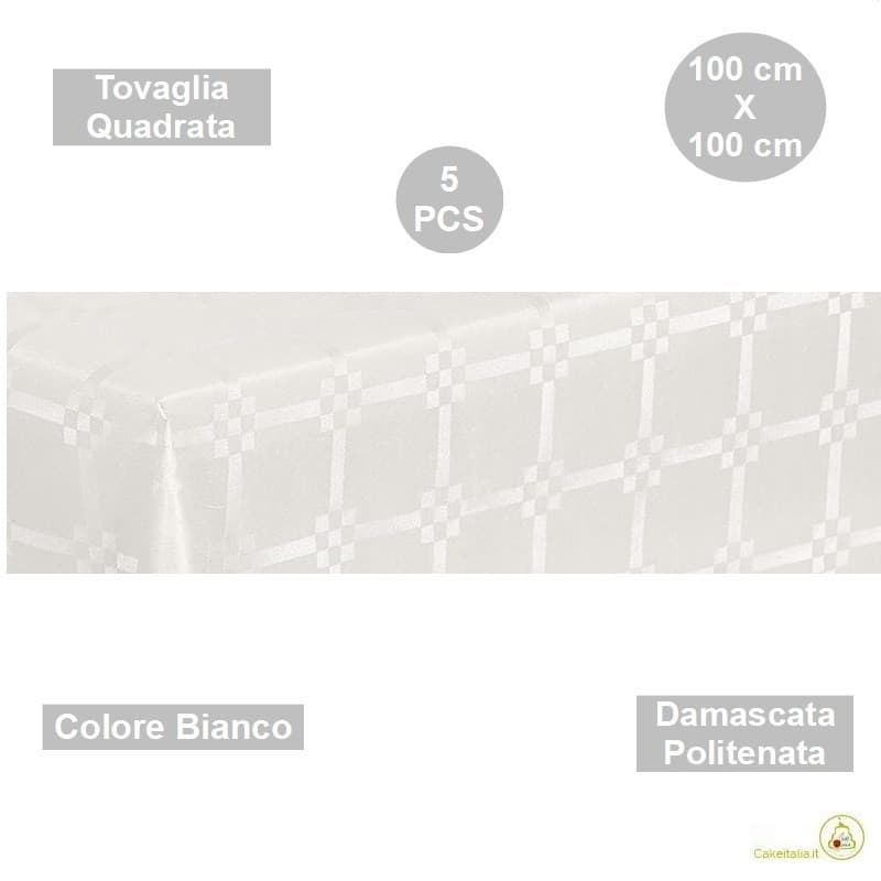 5 Tovaglie monouso quadrate 100 cm damascate politenate a fondo pieno Bianco