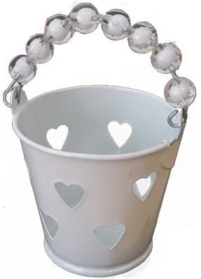 Secchiello bianco con decoro cuore e manico con perline trasparenti