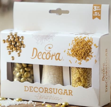 Decora Sprinkles Set Decor Mix Oro e Bianco (85g) | 3 Tipi di Decorazioni: Lenti al Cioccolato, Perline e Bastoncini