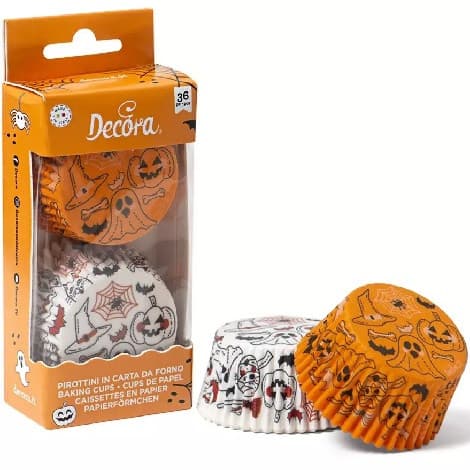 Pirottini Muffin Halloween Decora (Ø50×H3,2cm) – Carta Forno con Decori Zucche e Fantasmi (36 Pz)