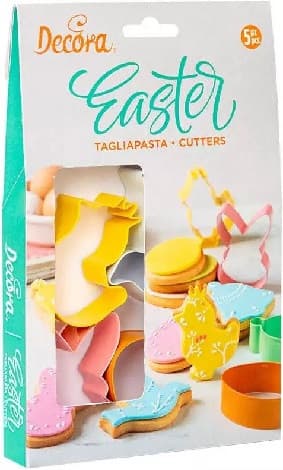 Tagliapasta Fantasie di Pasqua Decora – Set 5 Cutter in Metallo Colorato (Uovo, Coniglio, Colomba, Pulcino, Campana)