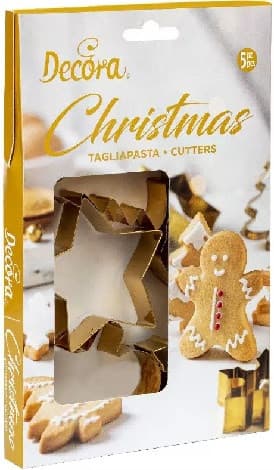 Tagliapasta Fantasie del Natale Decora – Set 5 Cutter in Metallo Dorato per Biscotti, Cioccolato e Paste Modellabili