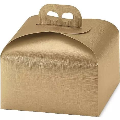 Scatola Porta Panettone Basso Oro Seta 245×245×130mm con Maniglia – Confezione Natalizia Elegante