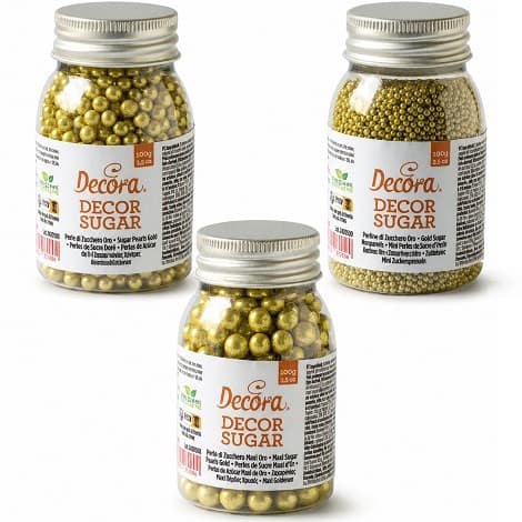 Perle di Zucchero Oro Metallizzato Decora (100g) | Decorazioni Torte | Formati Ø2/5/7mm