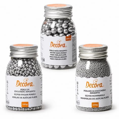 Perle di Zucchero Argento Perlato Decora (100g) | Decorazioni Torte | Formati Ø1,5/4/8mm