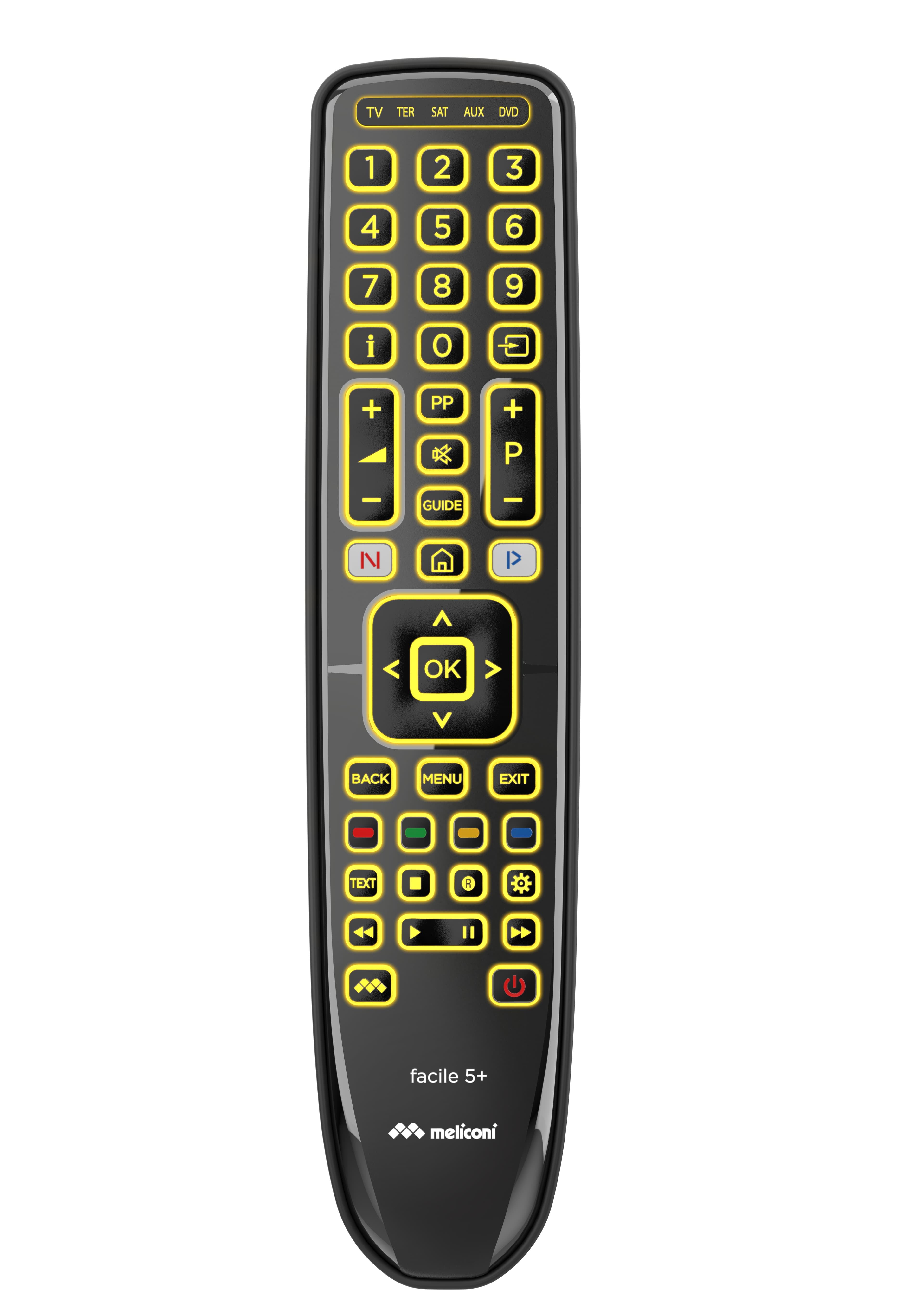 Meliconi Gumbody Facile 5+ telecomando DVD/Blu-ray, Sistema audio domestico, Sistema Home cinema, Sky, Altoparlante Soundbar, TV Pulsanti GARANZIA ITALIA