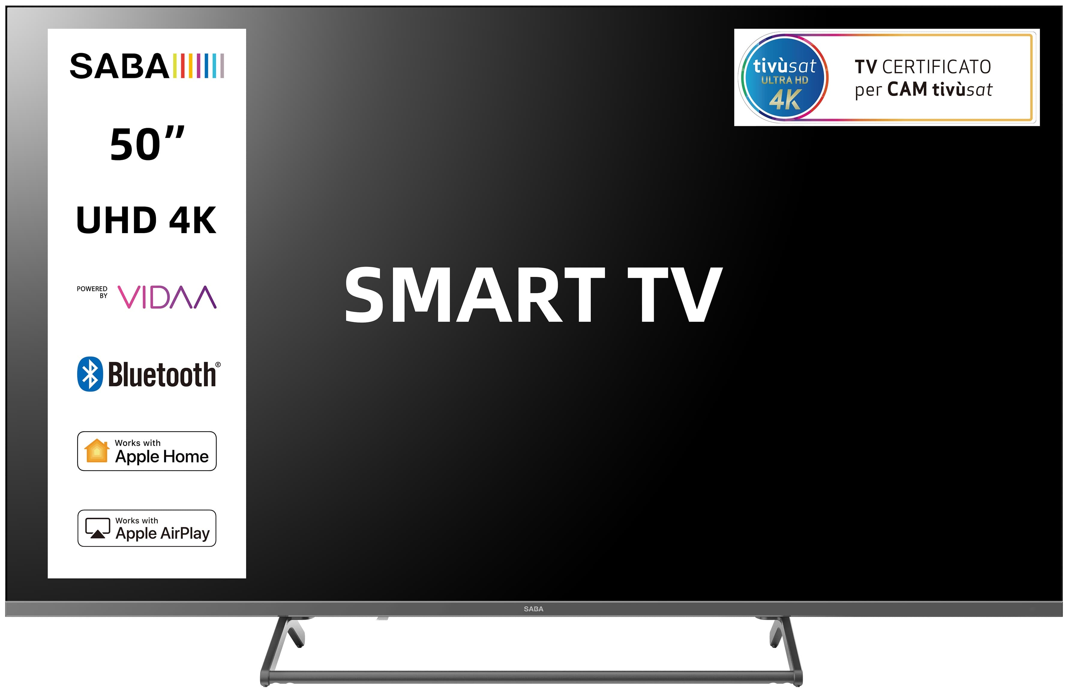 SABA SA50KM10VDA SMART TV 50" ULTRA HD 4K, Sistema operativo VIDAA, Triplo tuner DVBT2/C/S2 HEVC MAIN10, Certificato TivuSAT, Piedistallo centrale, Dolby Audio GARANZIA ITALIA