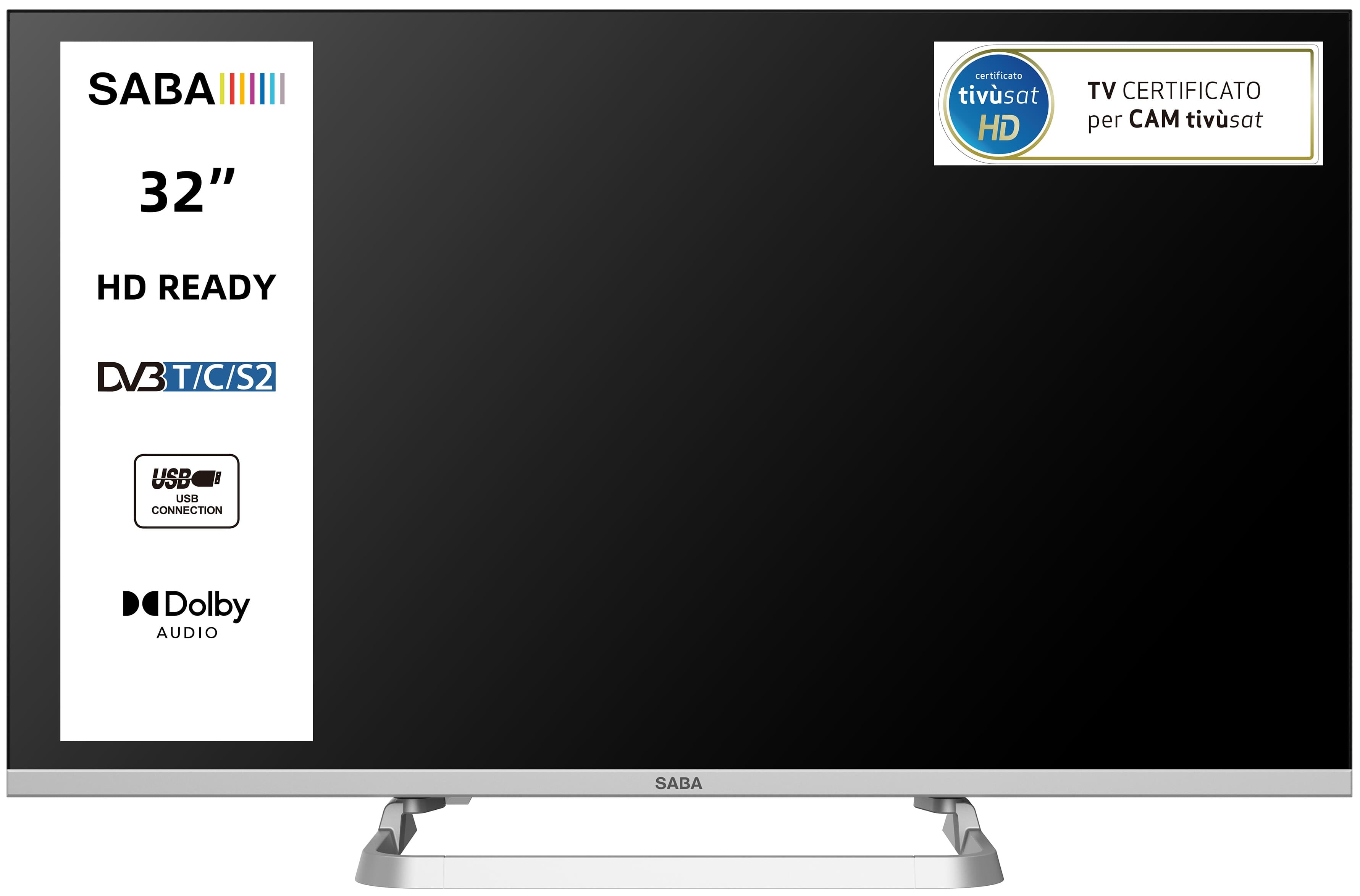SABA SA32M10 TV 32" HD READY, Triplo tuner DVBT2/C/S2 HEVC MAIN10, Certificato TivuSAT, Piedistallo centrale, Dolby Audio GARANZIA ITALIA
