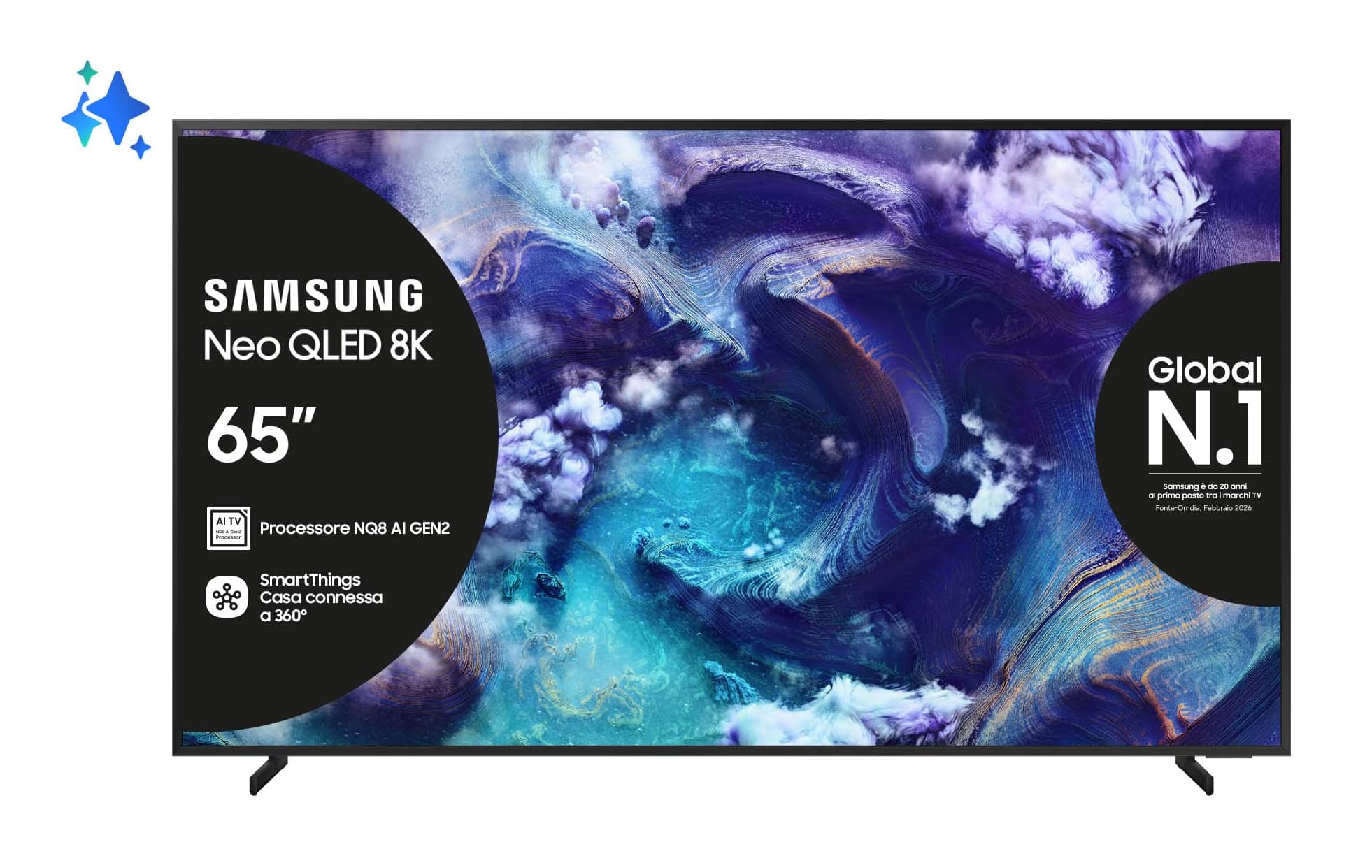 Samsung Neo QLED AI TV 65" QE65QN900FTXZT 8K Mini LED, Processore NQ8 AI Gen2, 8K AI Upscaling, Glare Free, Neo Quantum HDR 8K Pro, Dolby Atmos & OTS+, Metal Frame Design, Vision AI Smart TV, 2025 GARANZIA ITALIA