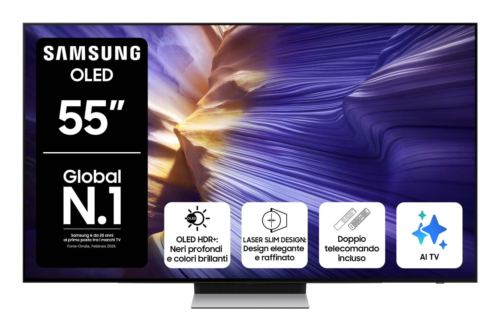 Samsung OLED AI TV 55" QE55S90FAEXZT 4K, Processore NQ4 AI Gen3, 4K AI Upscaling Pro, Schermo antiriflesso, OLED HDR, Dolby Atmos & OTS Lite, Laser Slim Design, Vision AI Smart TV, 2025 GARANZIA ITALIA