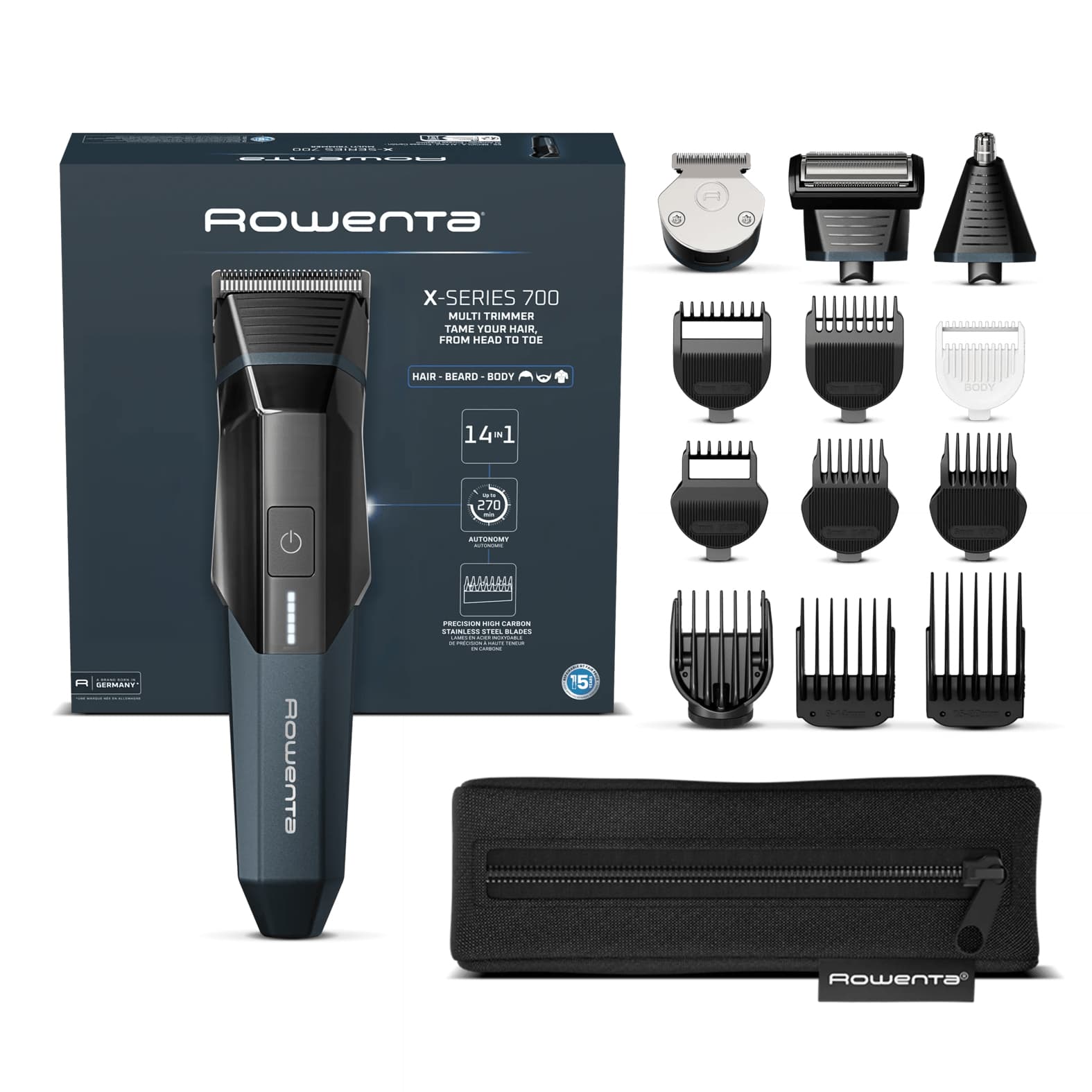 Rowenta X Series 700 Regolabarba Multifunzione 14-in-1 da Uomo, Lame Autoaffilanti in Acciaio Inox ad Alto Tenore di Carbonio, TN9650 GARANZIA ITALIA