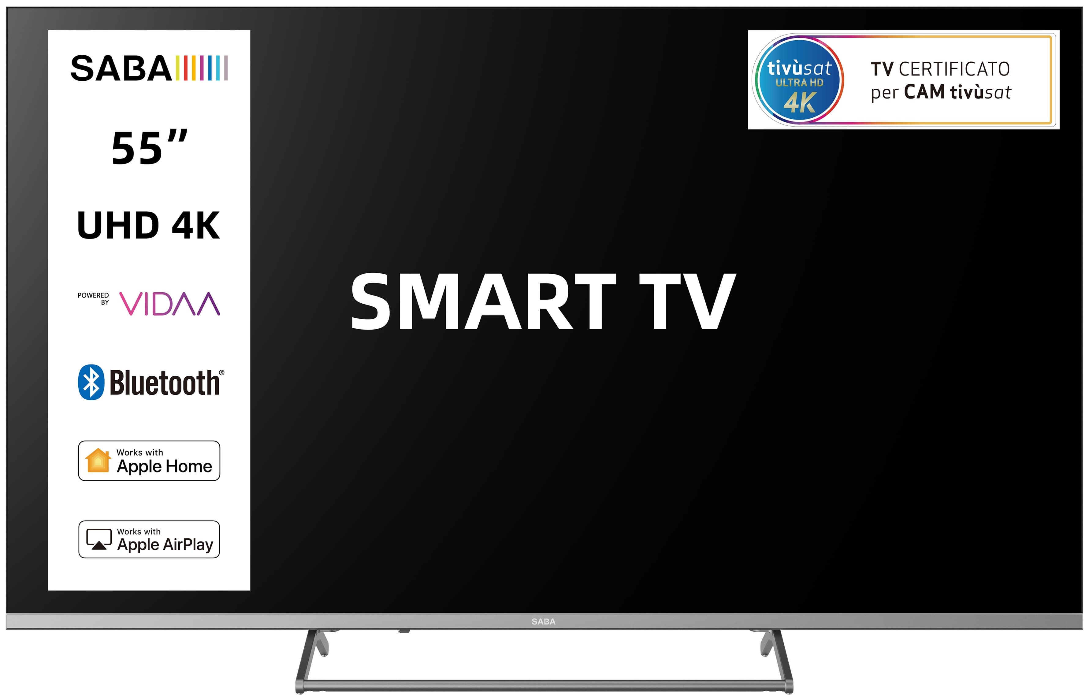 SABA SA55KM10VDA SMART TV 55" ULTRA HD 4K, Sistema operativo VIDAA, Triplo tuner DVBT2/C/S2 HEVC MAIN10, Certificato TivuSAT, Piedistallo centrale, Dolby Audio GARANZIA ITALIA