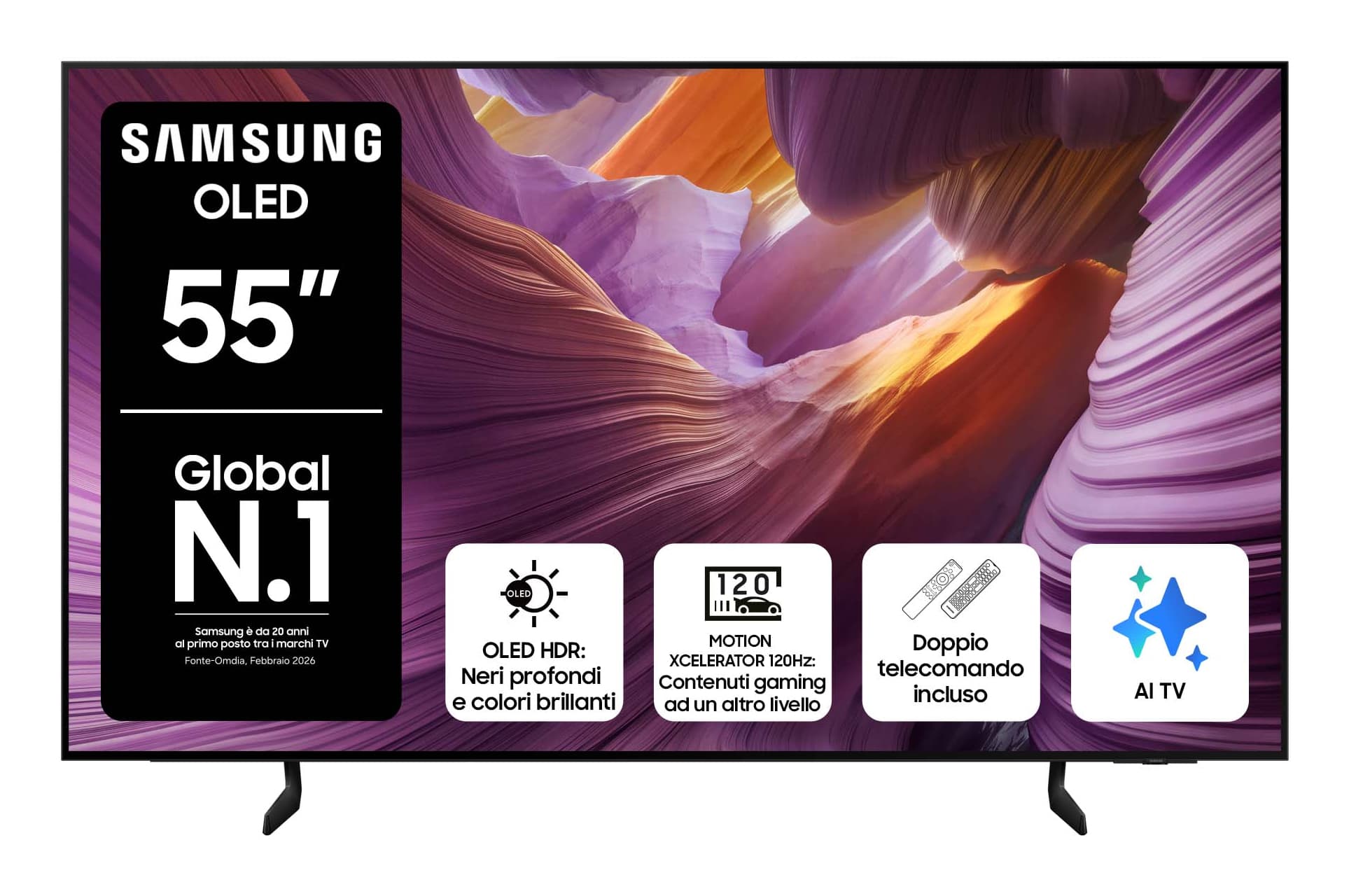 Samsung OLED AI TV 55" QE55S85FAUXZT 4K, Processore NQ4 AI Gen2, 4K AI Upscaling, Schermo antiriflesso, OLED HDR, Dolby Atmos & OTS Lite, Contour Design, Vision AI Smart TV, 2025 GARANZIA ITALIA