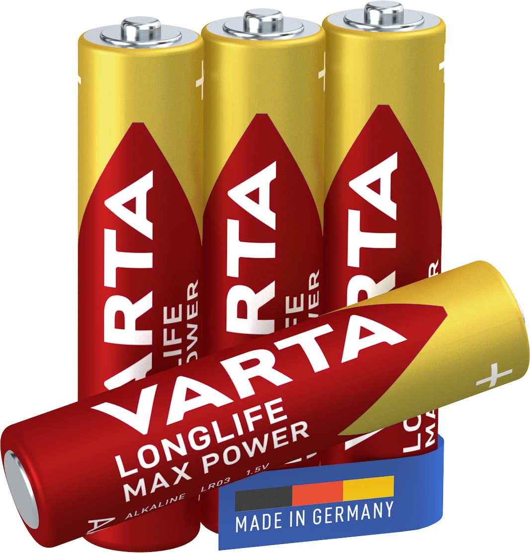 Varta Longlife Max Power, Batteria Alcalina, AAA, Micro, LR03, 1.5V, Blister da 4, Made in Germany GARANZIA ITALIA