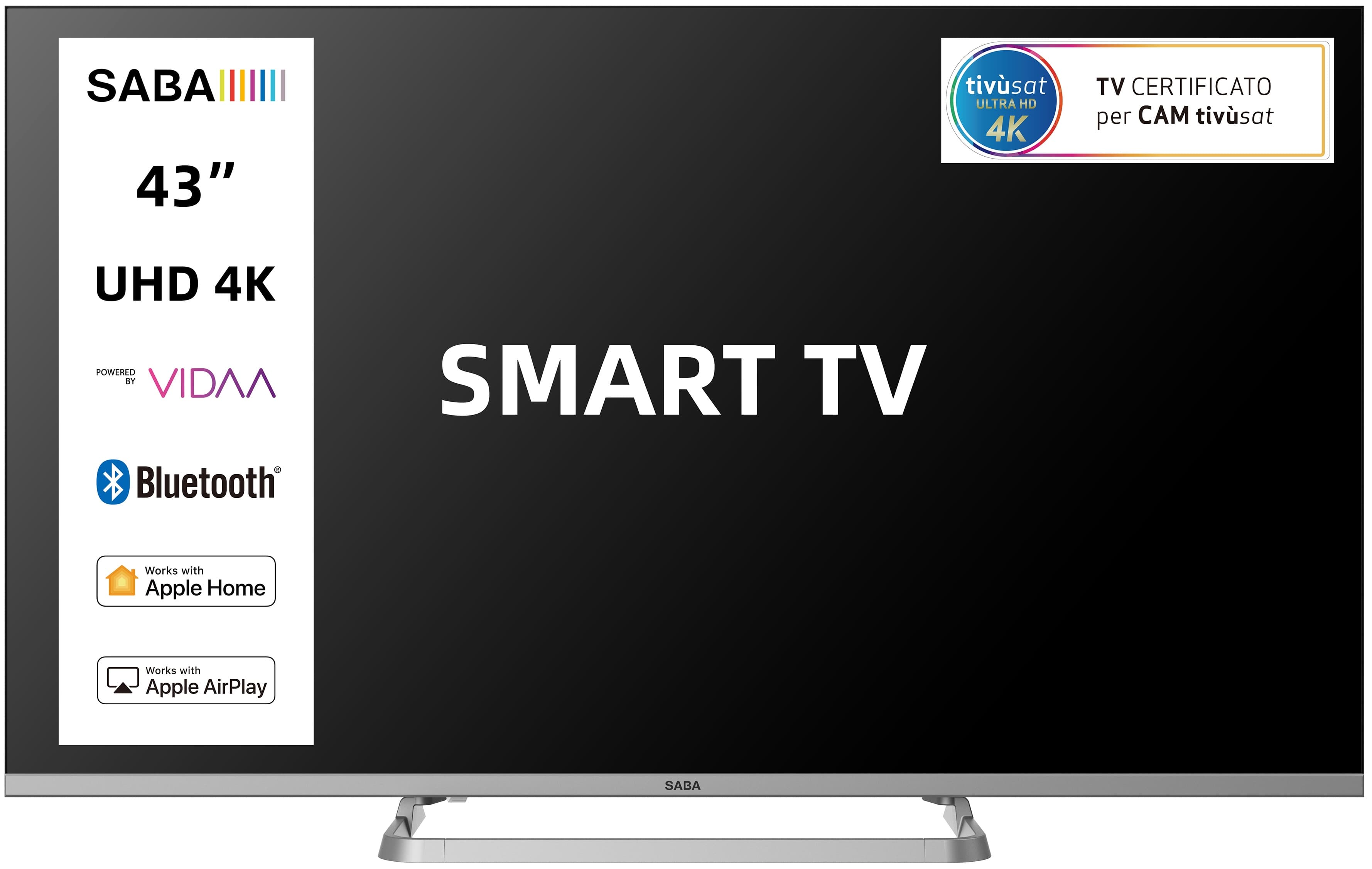 SABA SA43KM10VDA SMART TV 43" ULTRA HD 4K, Sistema operativo VIDAA, Triplo tuner DVBT2/C/S2 HEVC MAIN10, Certificato TivuSAT, Piedistallo centrale, Dolby Audio GARANZIA ITALIA