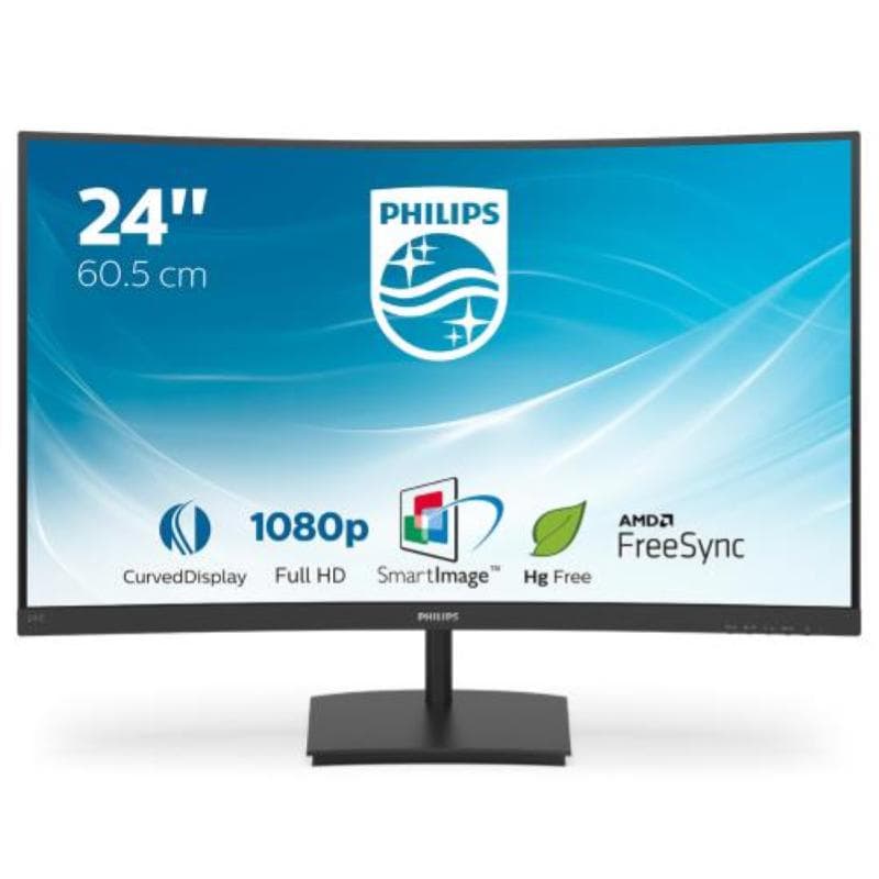 Philips 241e1sc 24`` monitor curvo amd freesync 75 hz led va fhd, 4ms, 3 side frameless, low blue mode, flicker free, hdmi, vga, vesa, nero