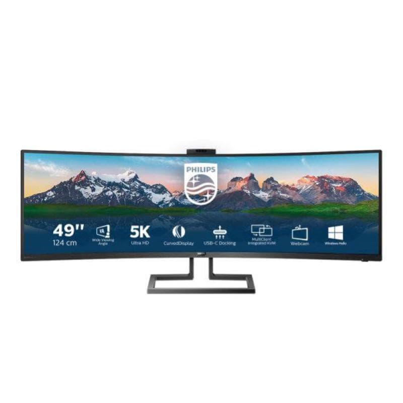 Philips monitor curvo 49``, 499p9h, gaming superwide 32:9, risoluzione 5120*1440, adaptive sync, hdr 400, multiview con kvm switch integrato, docking station usb-c, microfono, low blue, vesa, nero