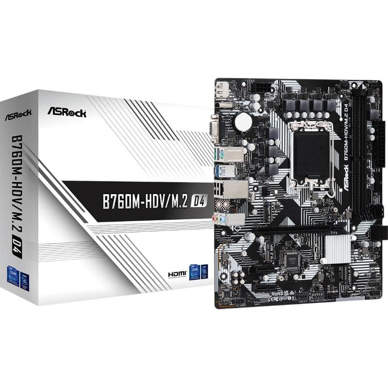 Asrock b760m-hdv/m.2 d4 intel b760 lga 1700 micro atx 1xpcie4.0x16 hdmi dp d-sub 4xsata3r m.2 usb3.2 gblan