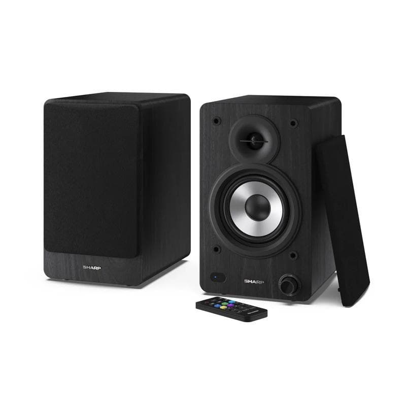 Sharp cp-ss30(bk) altoparlanti attivi a 2 vie cassa in legno 60 w rms (2 x 30 w) bluetooth v 5.0 usb ottico ausiliario e rca regolazione bassi e alti griglie rimovibili telecomando nero