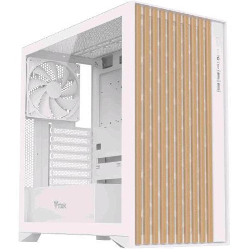 Itek case woody gaming tower atx 3 x14cm white fan 2 x usb3 type-c wood front temp glass side panel white edition