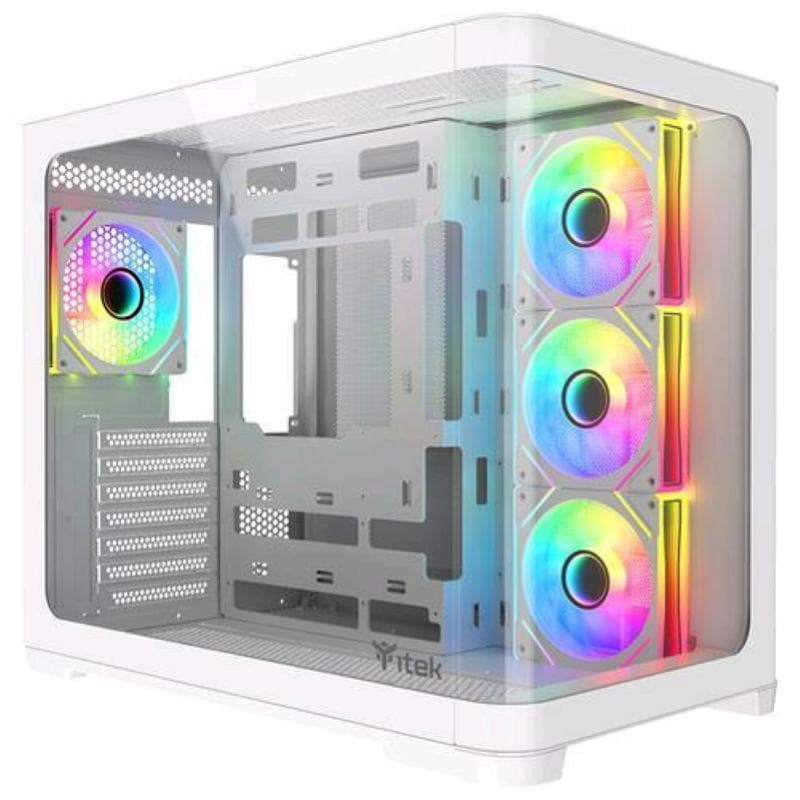 Itek case dark cave curved gaming tower atx pannello frontale e laterale in vetro temperato curvato senza cuciture - 4 x 120mm argb fan -2 x usb3 type-c bianco