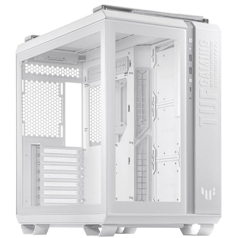 Asus tuf gaming gt502 chassis per pc gaming mid atx con doppia camera raffreddamento indipendente e pannelli laterali senza attrezzi bianco