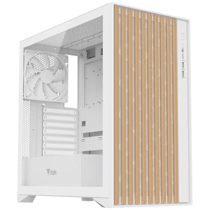Itek case woody, gaming tower, atx, 3x12cm black fan, 2xusb3, type-c, wood front, temp glass side p