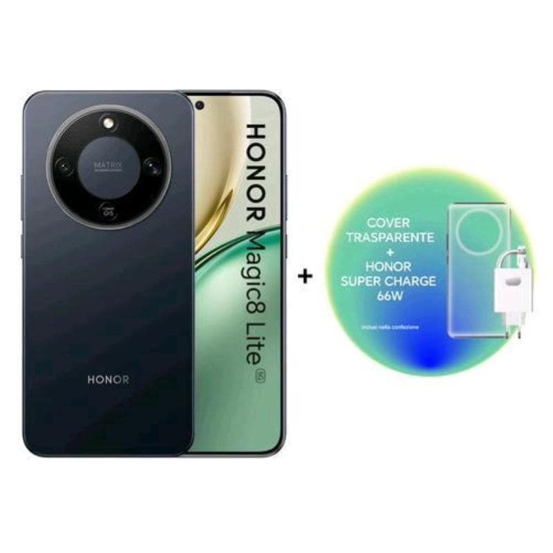 Honor magic 8 lite 5g dual sim 6.79 octa core 512gb ram 8gb 5g italia midnight black + caricabatterie da rete honor super charge 66w + cover trasparente