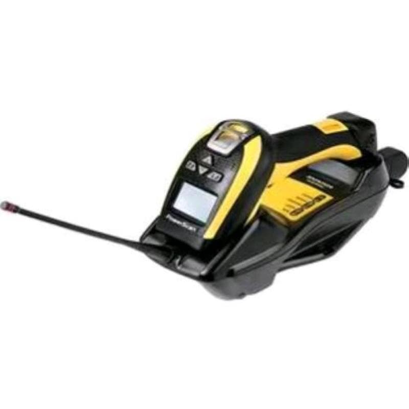Datalogic powerscan pm9100 lettore di codici a barre portatile 1d led wireless 433mhz kit con cavo usb basetta e alimentatore nero giallo