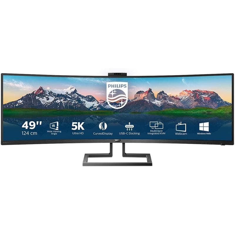 Philips monitor curvo 49 led va superwide 32:9 5120x1440 5ms 450cdm, hdmi/dp/usb, webcam, docking station usb-c, multimediale