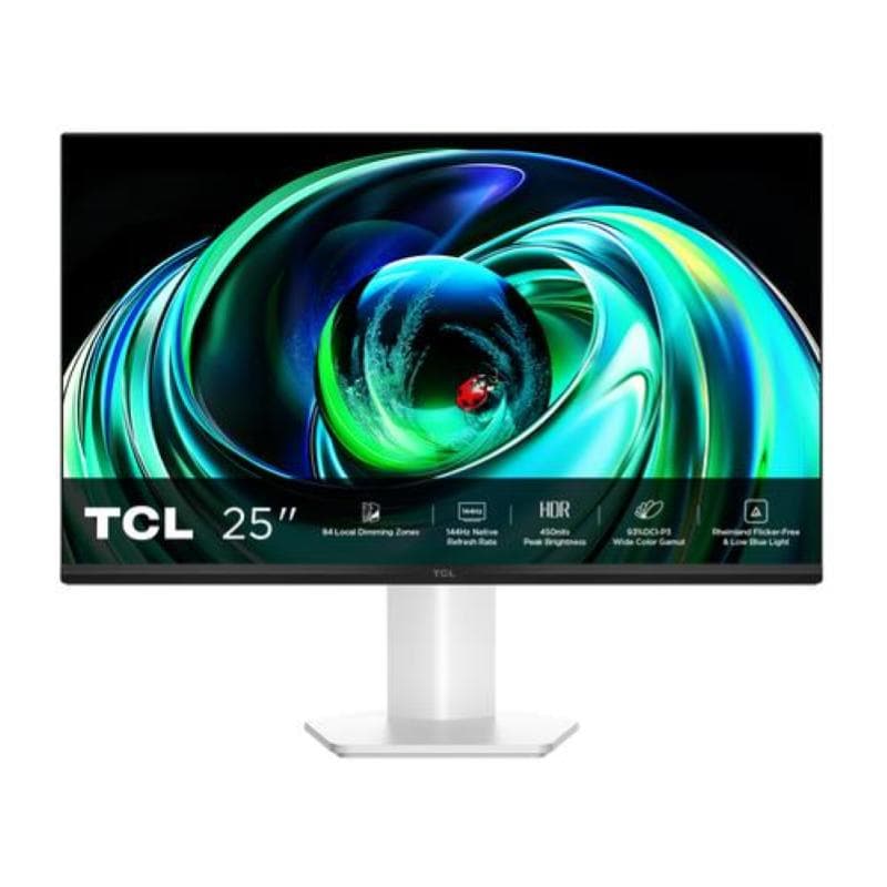 Tcl monitor gaming 24,5 mled ips 16:9 fhd 5ms 144hz 450 cdm, miniled direct-84, 99 srgb, vga/hdmi, bianco