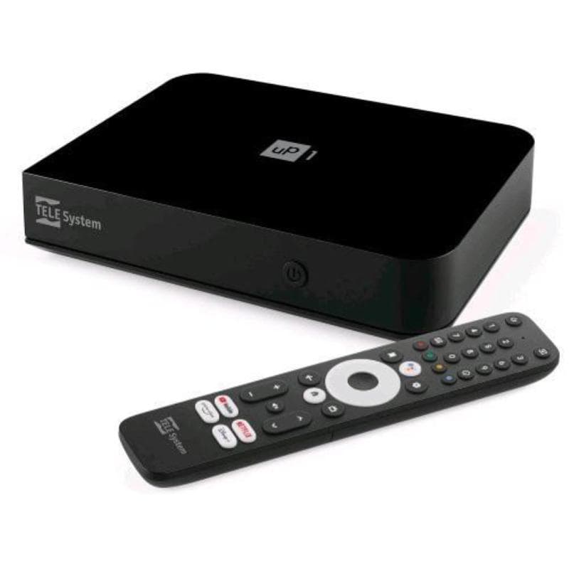 Telesystem up1 smart box decoder digitale terrestre android tv 4k ultra hd dvb-t2 hevc, hdr10+ hlg, av1 certificato netflix, prime video, disney+, chromecast built-in hdmi/scart