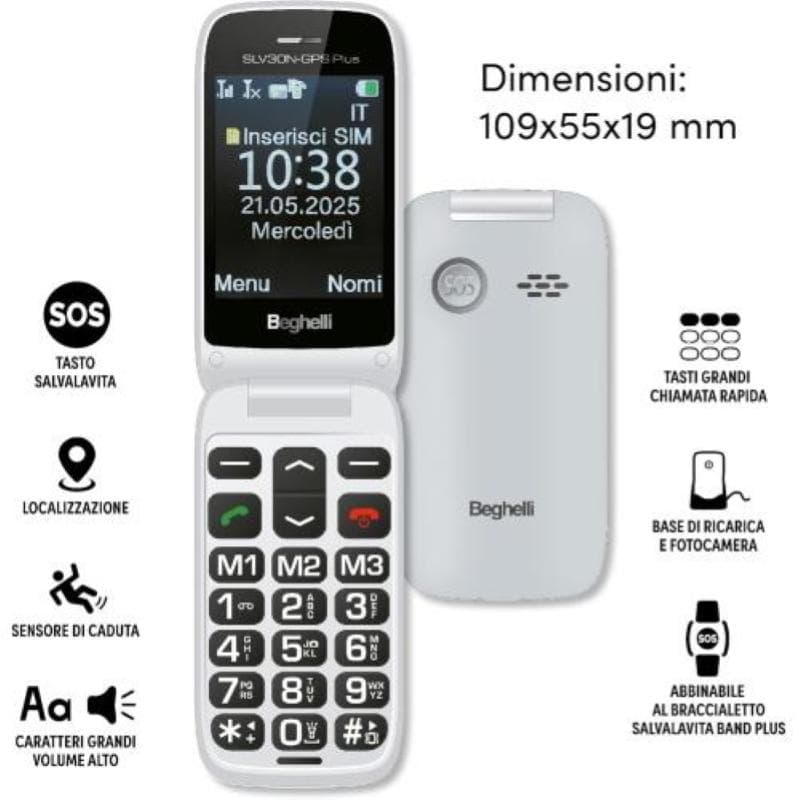 Beghelli slv30n-gps plus dual sim 2.8 senior phone a conchiglia tasti grandi retroilluminati tasto sos localizzazione sensore di caduta volume aumentato base di ricarica fotocamera grigio chiaro