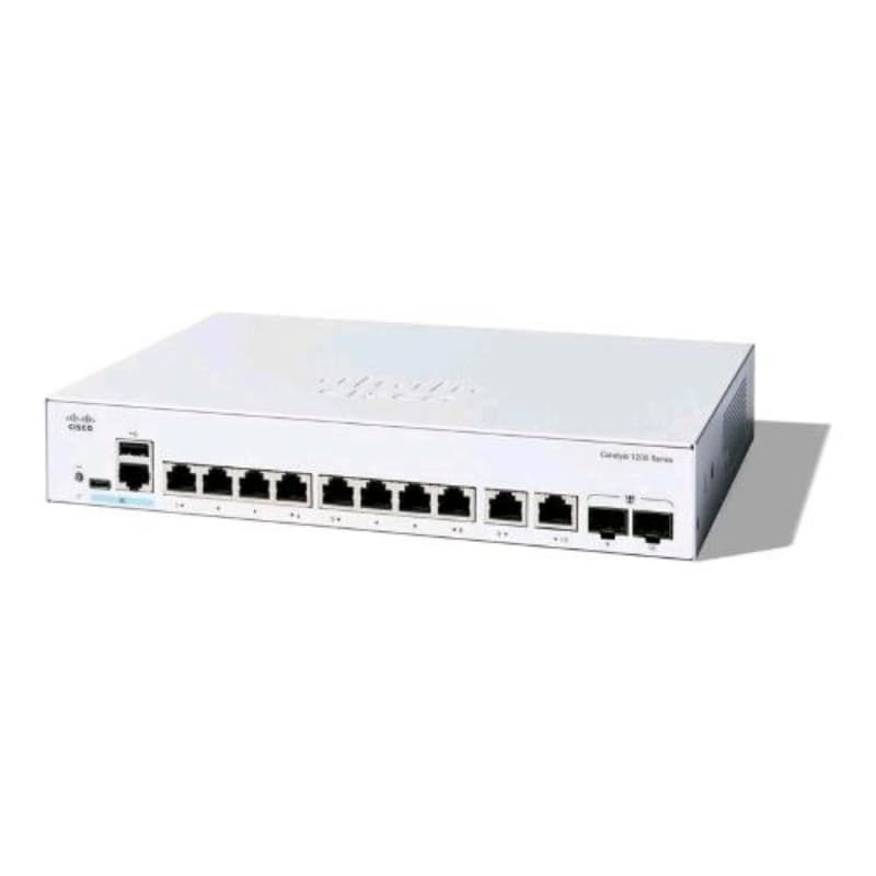 Cisco catalyst 1200-8t-e-2g swtich gestito l3 - 8 x 10/100/1000 + 2 x combo gigabit sfp/rj-45 desktop montabile su rack bianco