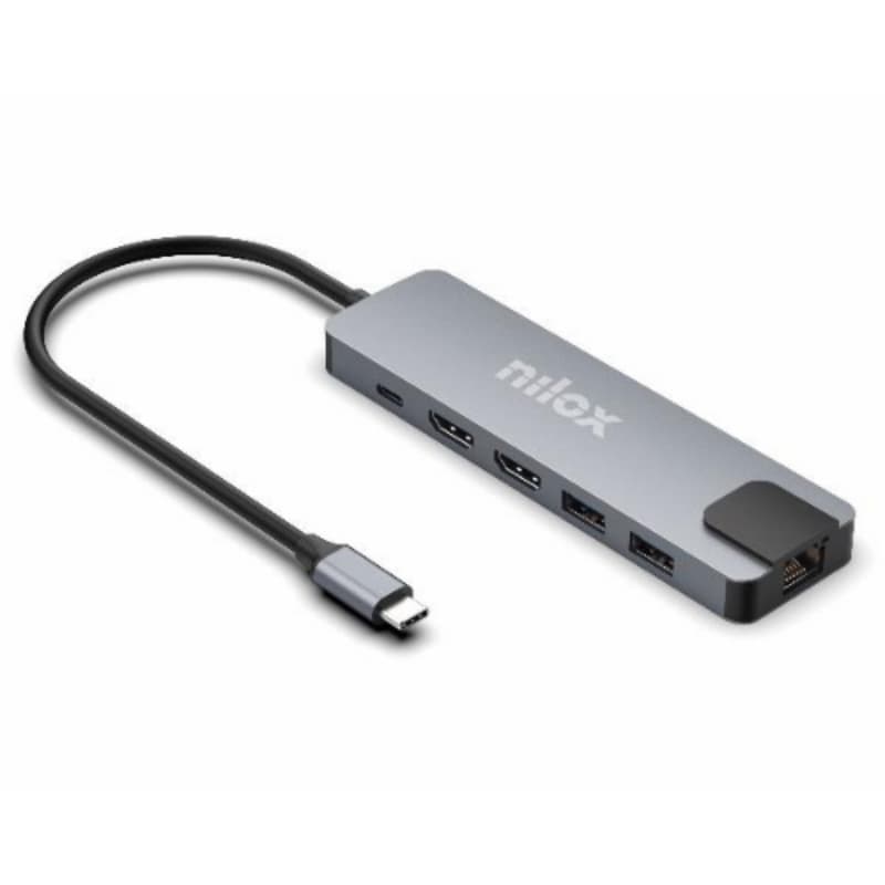 Nilox docking station con porta usb-c, 2 porte hdmi 4k, 4 porte usb, rj45, usb-c max 100 w alluminio