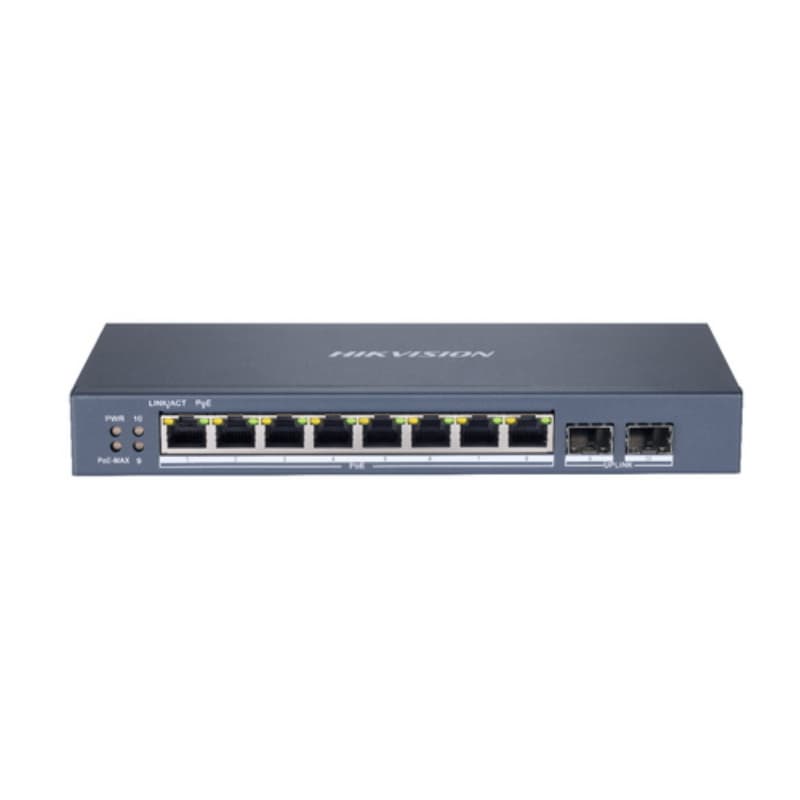 Hikvision switch l2, smart managed, 8 gigabit rj45 poe ports, 2 gigabit rj45 port, 802.3af/at, poe p