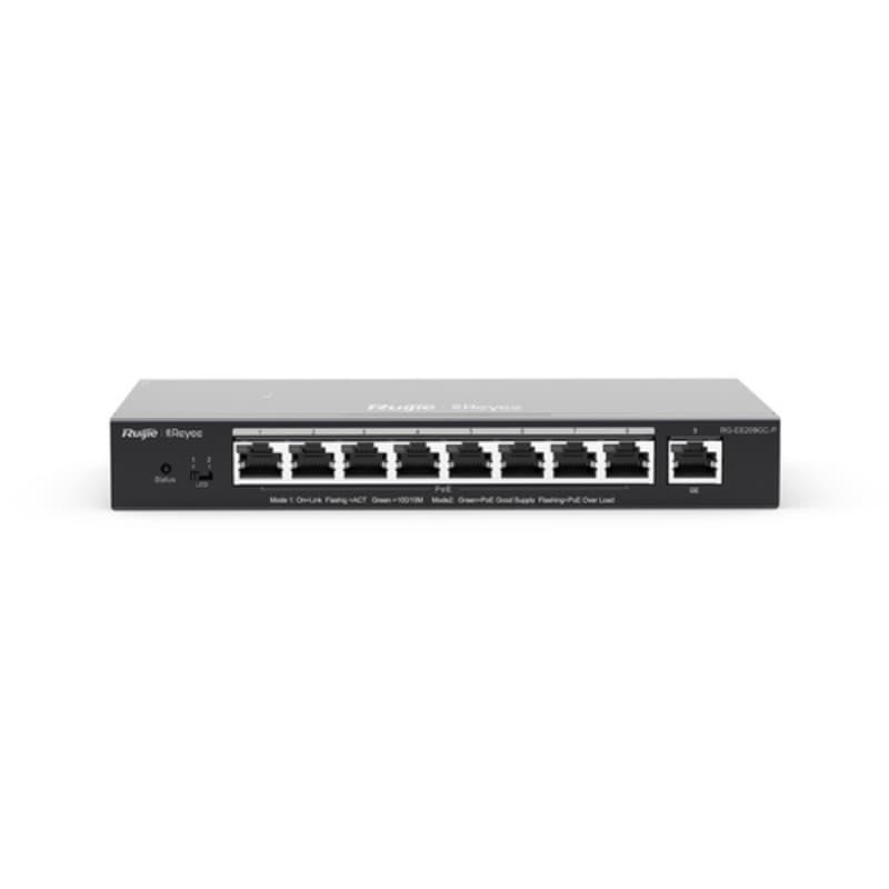 Reyee smart switch poe gigabit 9 p., 8 p. poe/poe+, poe power budget 120w chassis metallico desktop