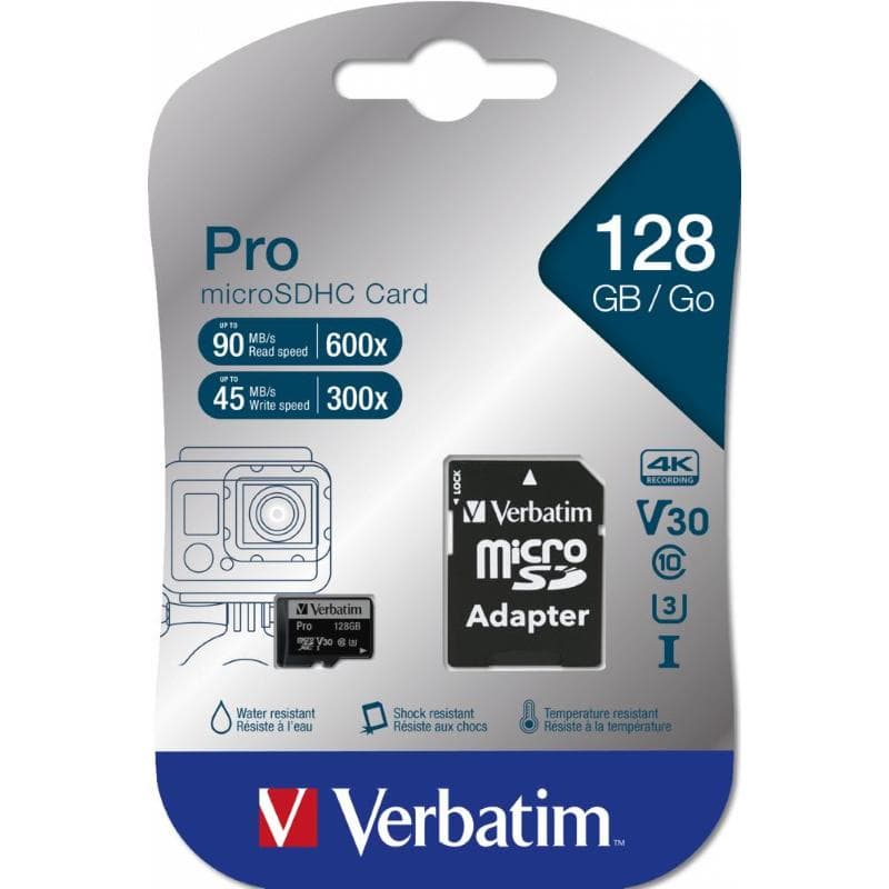 microSD 128GB VERBATIM SDXC c10 UHS-3 INCL ADAPTOR