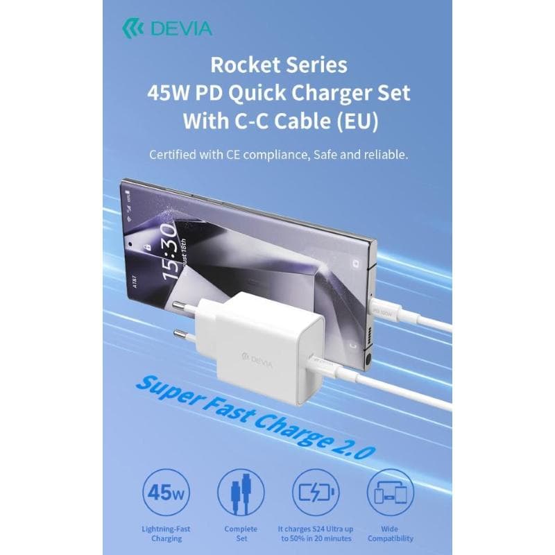 Devia Carica Batterie PD 45 Watt con cavo da C a C per carica rapida bianco