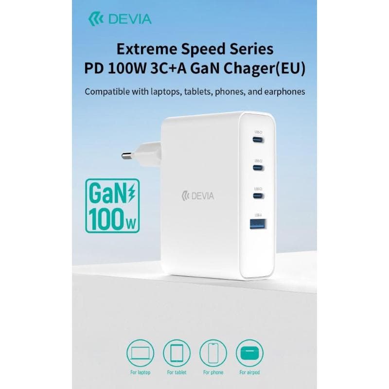 Devia Carica batterie PD da 100 Watt GaN 3 uscite Tipo-C e una Usb A