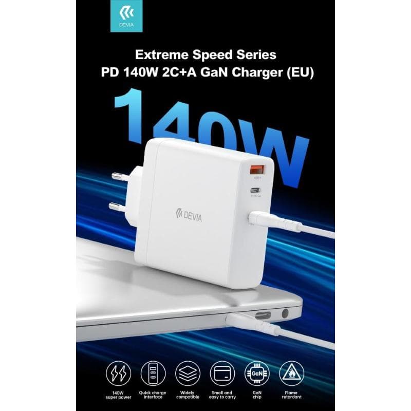 Devia Carica batterie PD da 140 Watt GaN 2 uscite Tipo-C e una Usb A
