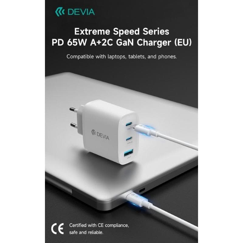 Devia Carica batterie PD da 65 Watt GaN 2 uscite Tipo-C e una Usb A