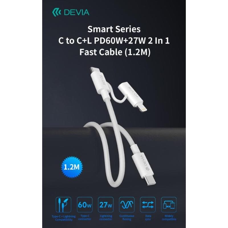 Devia Cavo carica rapida da C a C + Lightning PD 60W 3A 1,2 Metri Nero