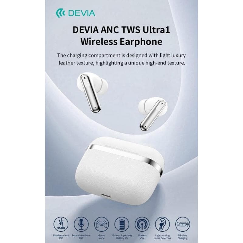 Devia Auricolari carica wireless ANC TWS Ultra1 annullamento rumore esterno Bianchi