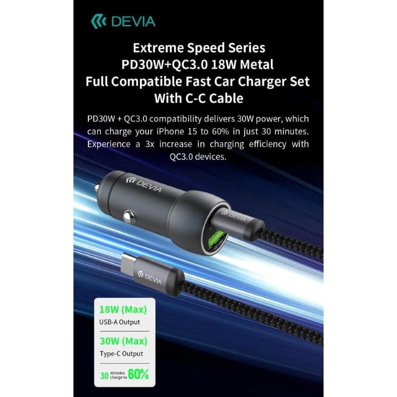Devia Caricabatterie per auto Super veloce Serie PD30W+QC3.0-18 W con cavo C-C