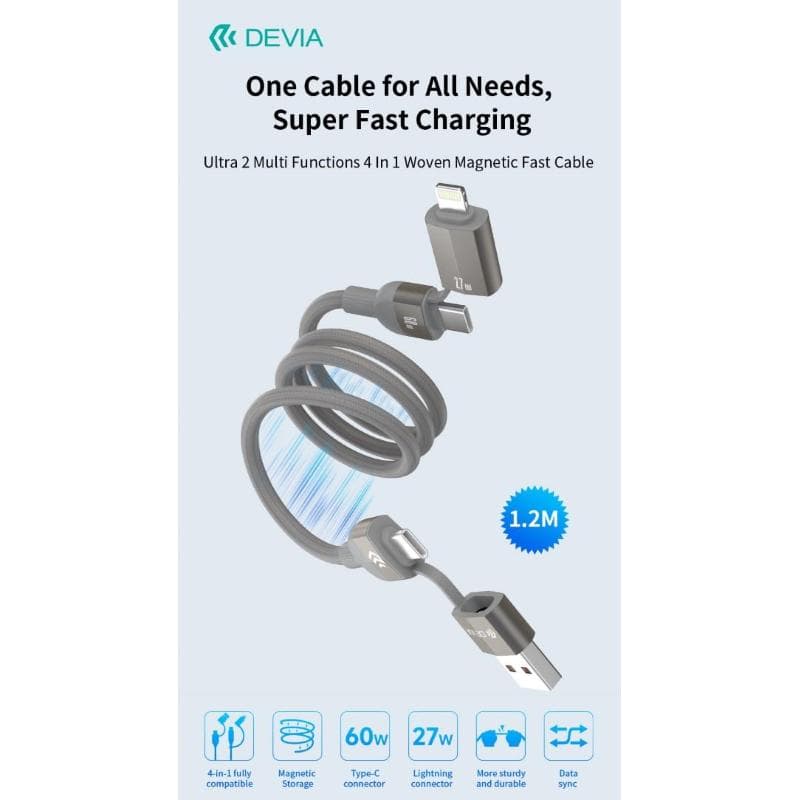 Devia Cavo magnetico Ultra 2 intrecciato multifunzionale 4 in 1 Usb A-C-L